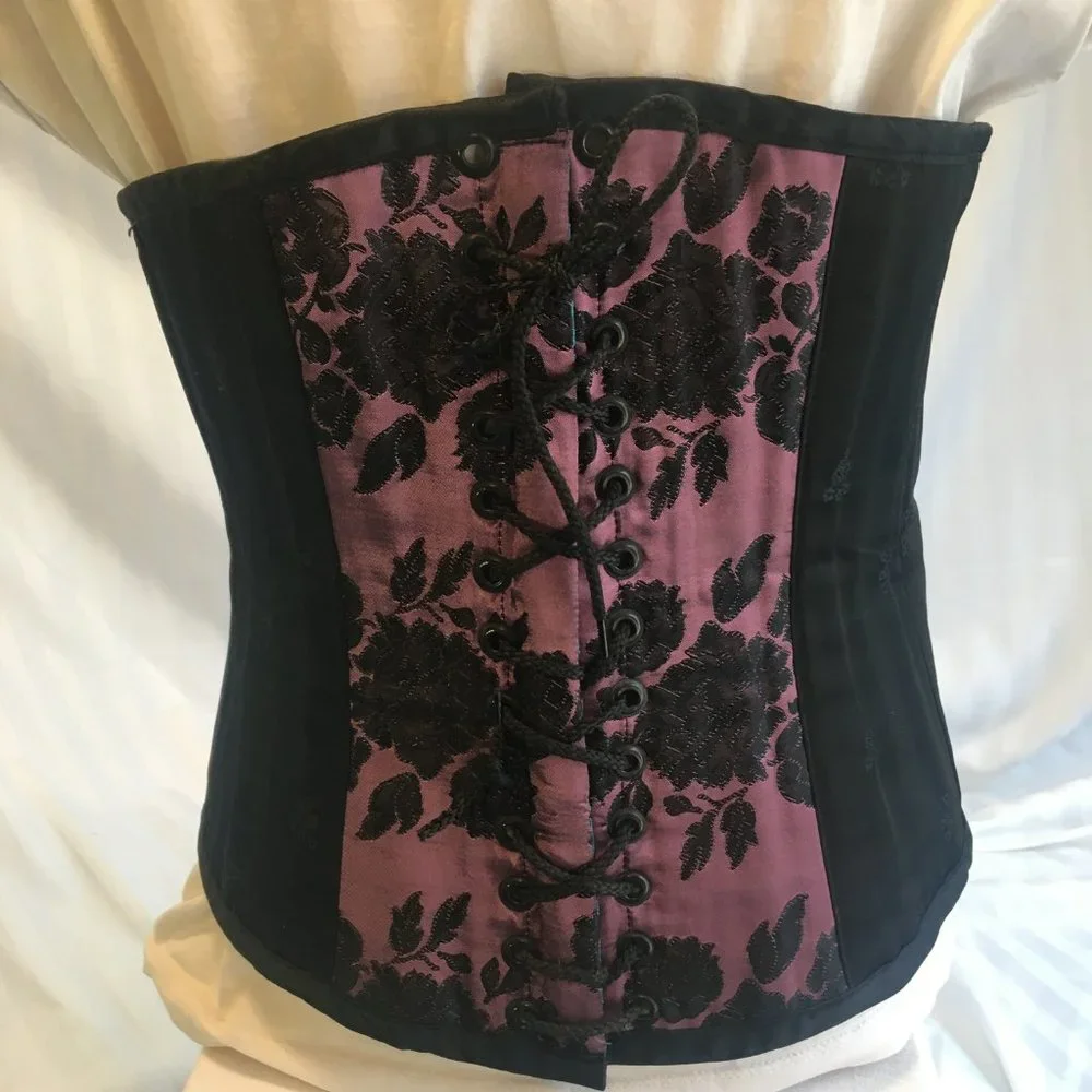 Brocade Reversible Blue Purple Steel Boned Waist Training Shaper Corset Sz Lg - Picture 9 of 16